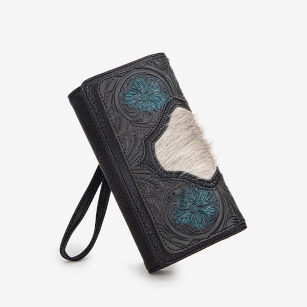 Trinity Ranch Floral Tooled and Hair-On Cowhide Collection Wallet