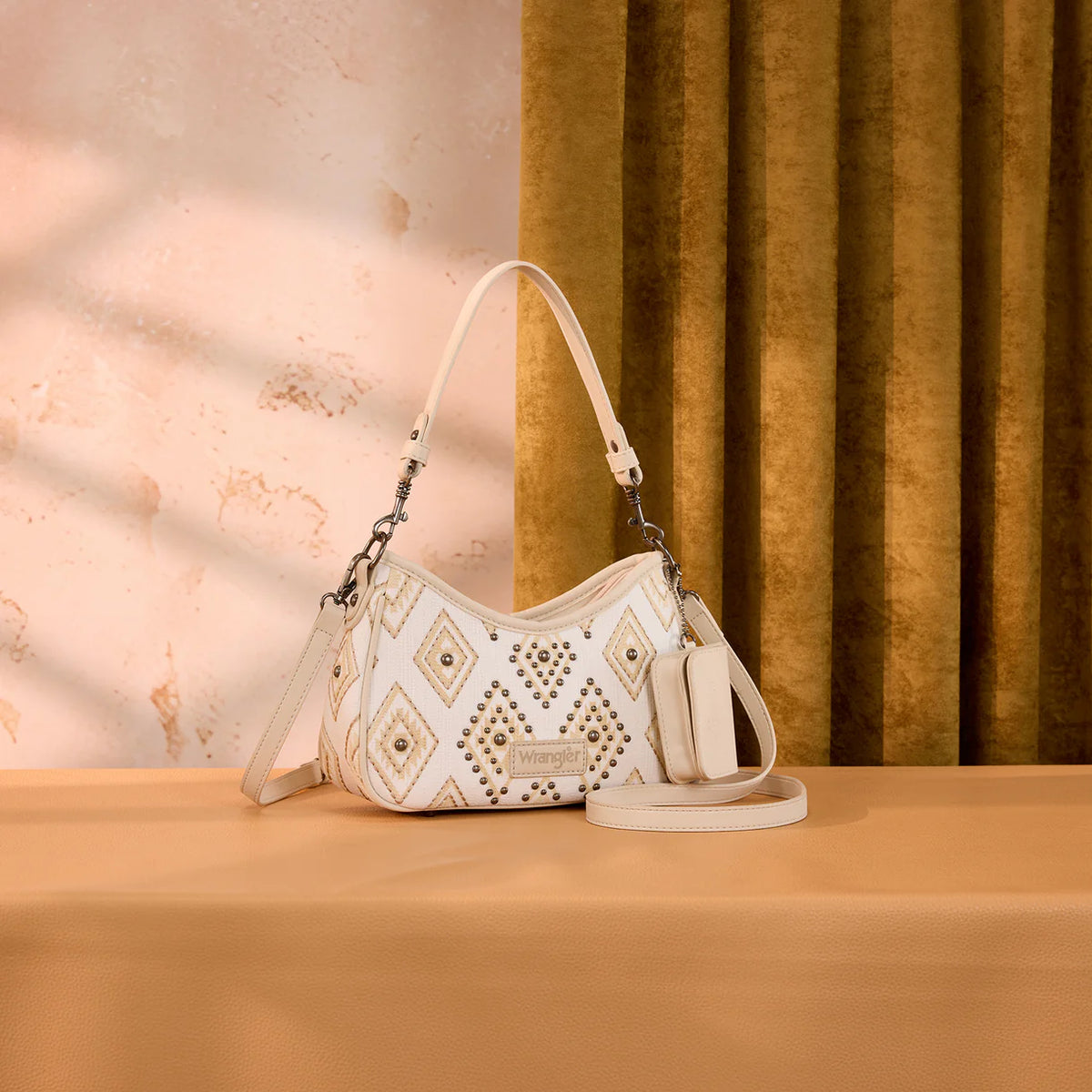Wrangler Aztec Studded Shoulder Bag With Mini Pouch Beige
