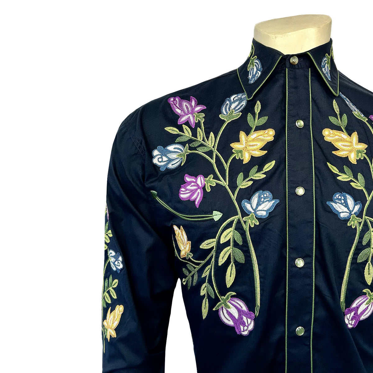 Men's Vintage Navy Floral Crochet Embroidered Western Rockmount Shirt