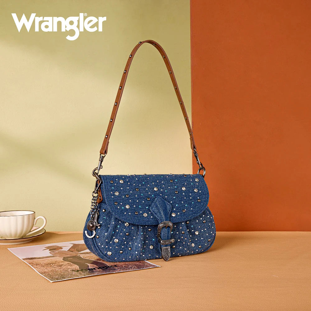 Wrangler Rhinestone Denim Flap Crossbody Shoulder Bag