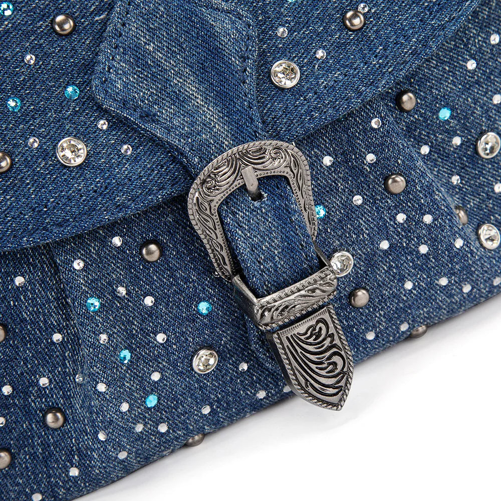 Wrangler Rhinestone Denim Flap Crossbody Shoulder Bag