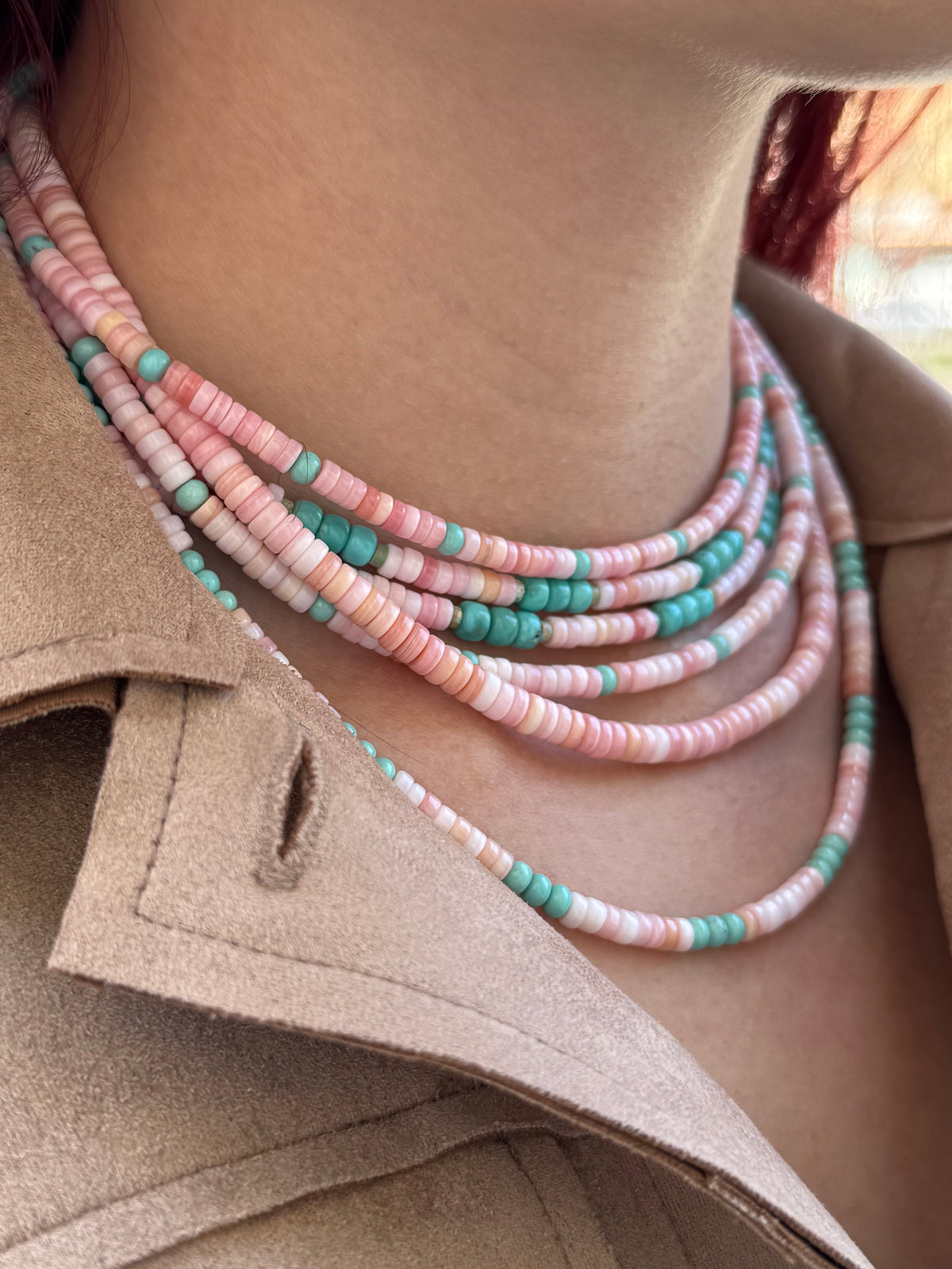 Handmade Pink Conch And Turquoise Necklace