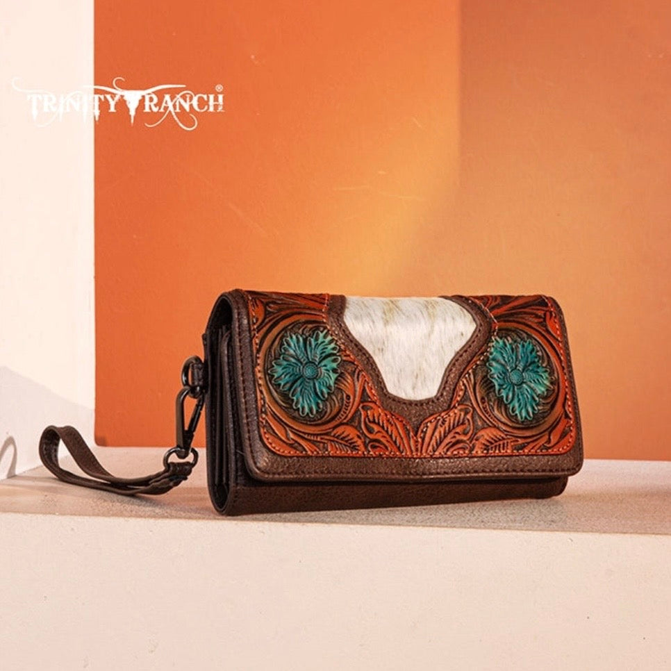 Trinity Ranch Floral Tooled and Hair-On Cowhide Collection Wallet