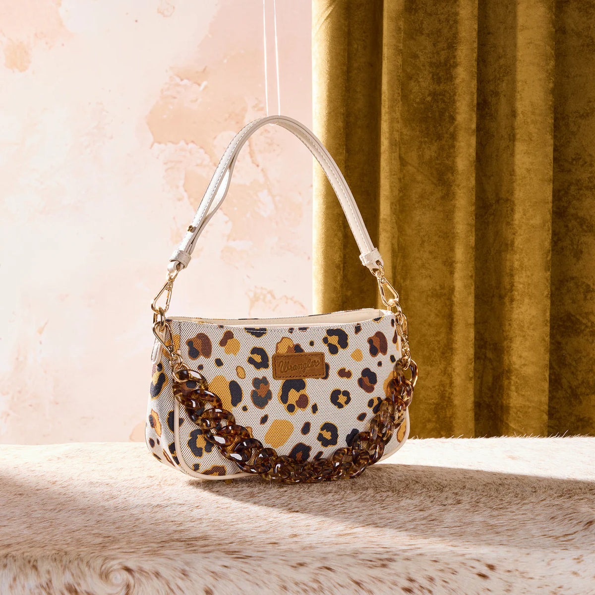 Wrangler Leopard Print Canvas Shoulder Bag with Chain Strap