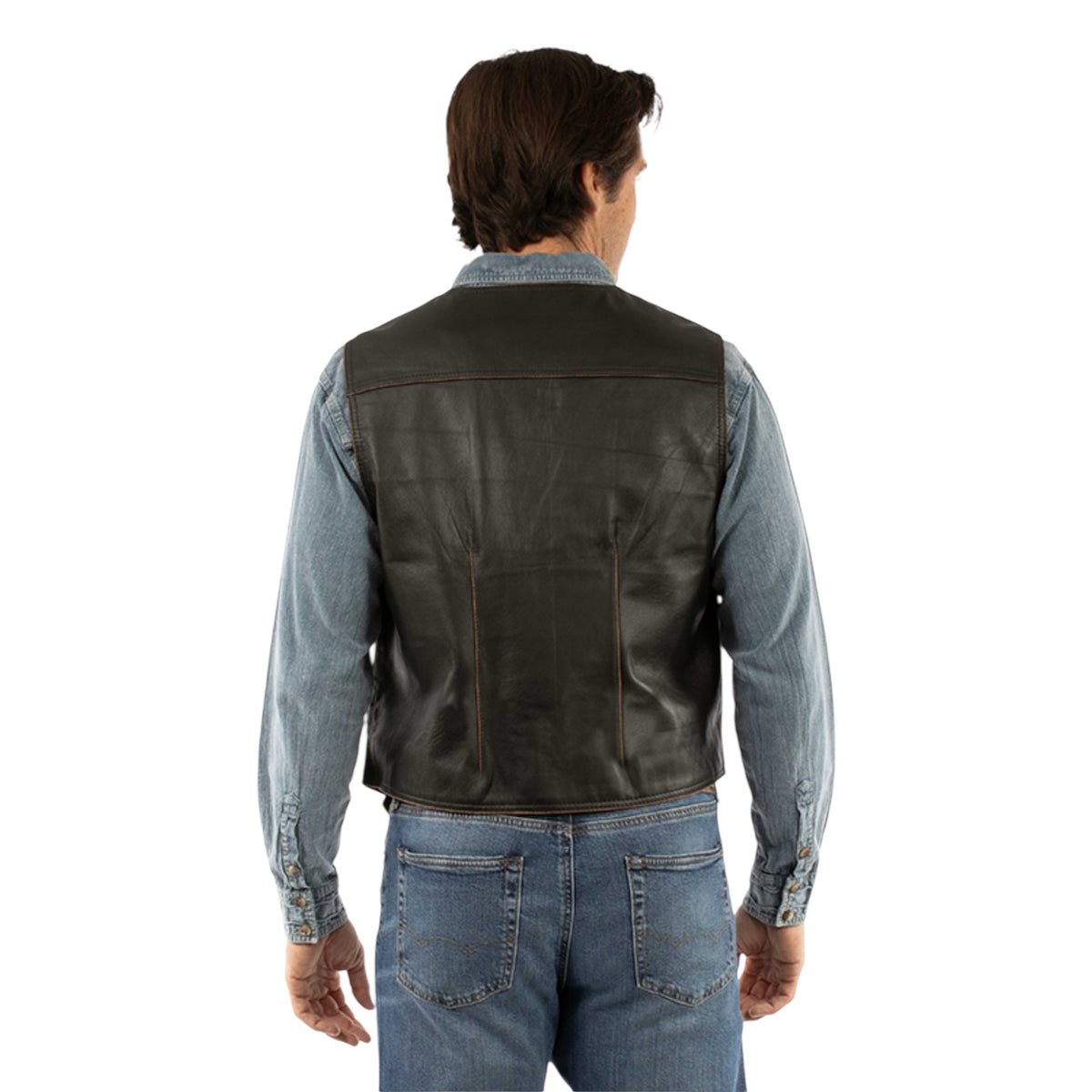 Men’s black distressed leather vest front back view.