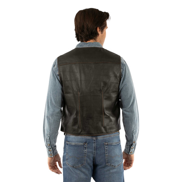 Men’s black distressed leather vest front back view.
