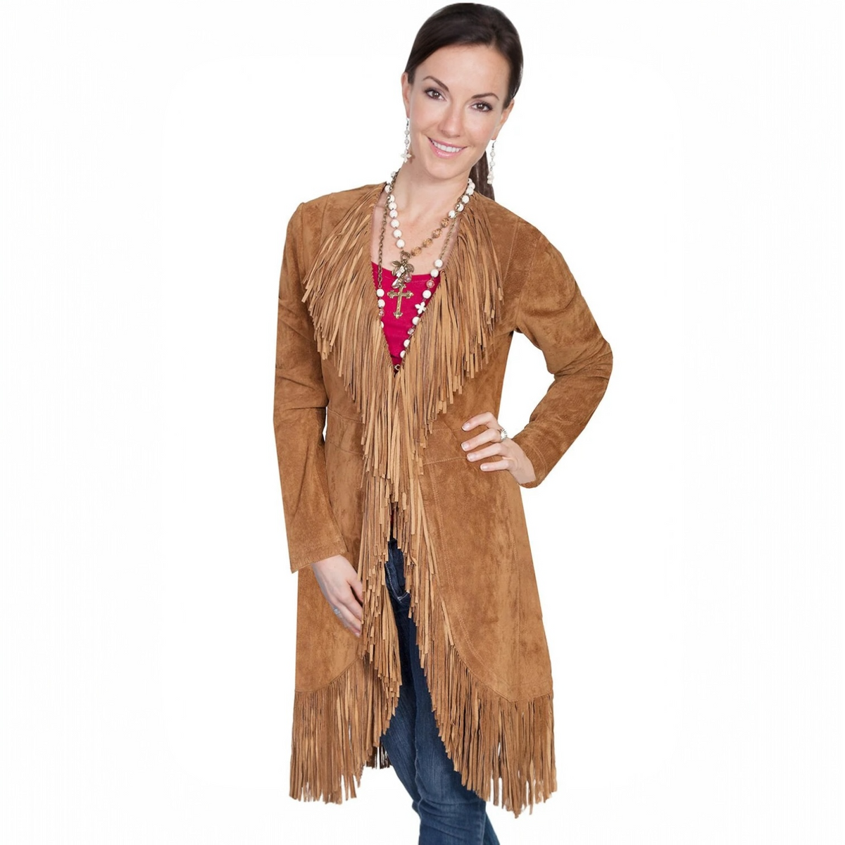 Scully Long Brown Suede Boar Coat With Fringe