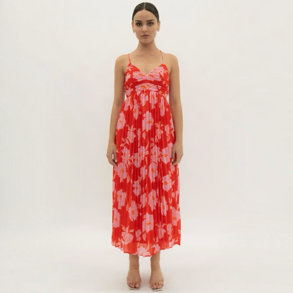 Red and Pink Pleated Strappy Midi Dress