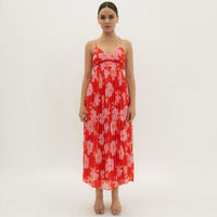 Red and Pink Pleated Strappy Midi Dress