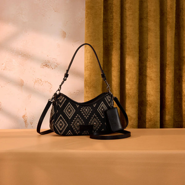 Wrangler Aztec Studded Shoulder Bag With Mini Pouch Black