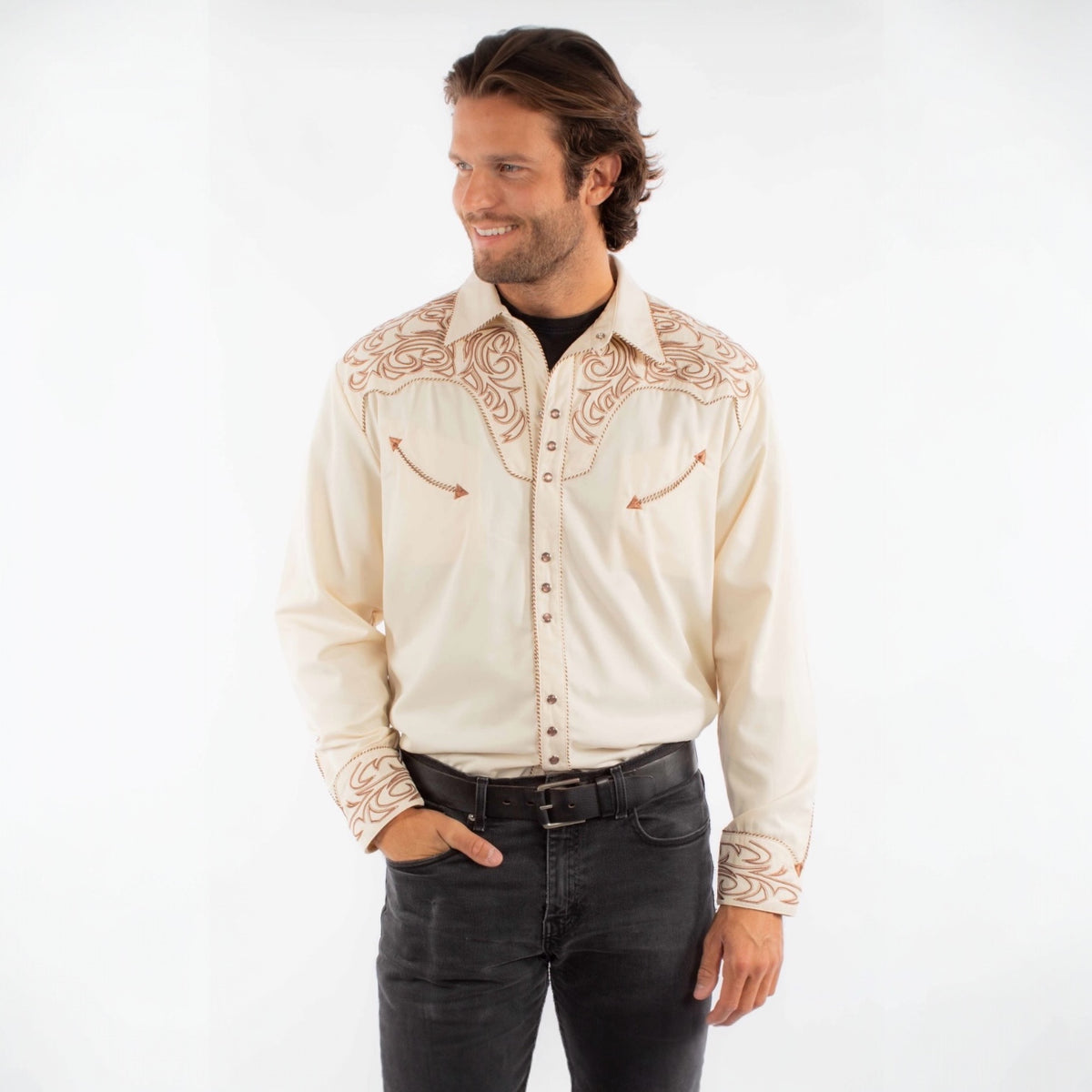 Scully Men’s Embroidered Scroll Western Snap Shirt-Cream