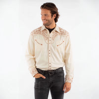 Scully Men’s Embroidered Scroll Western Snap Shirt-Cream