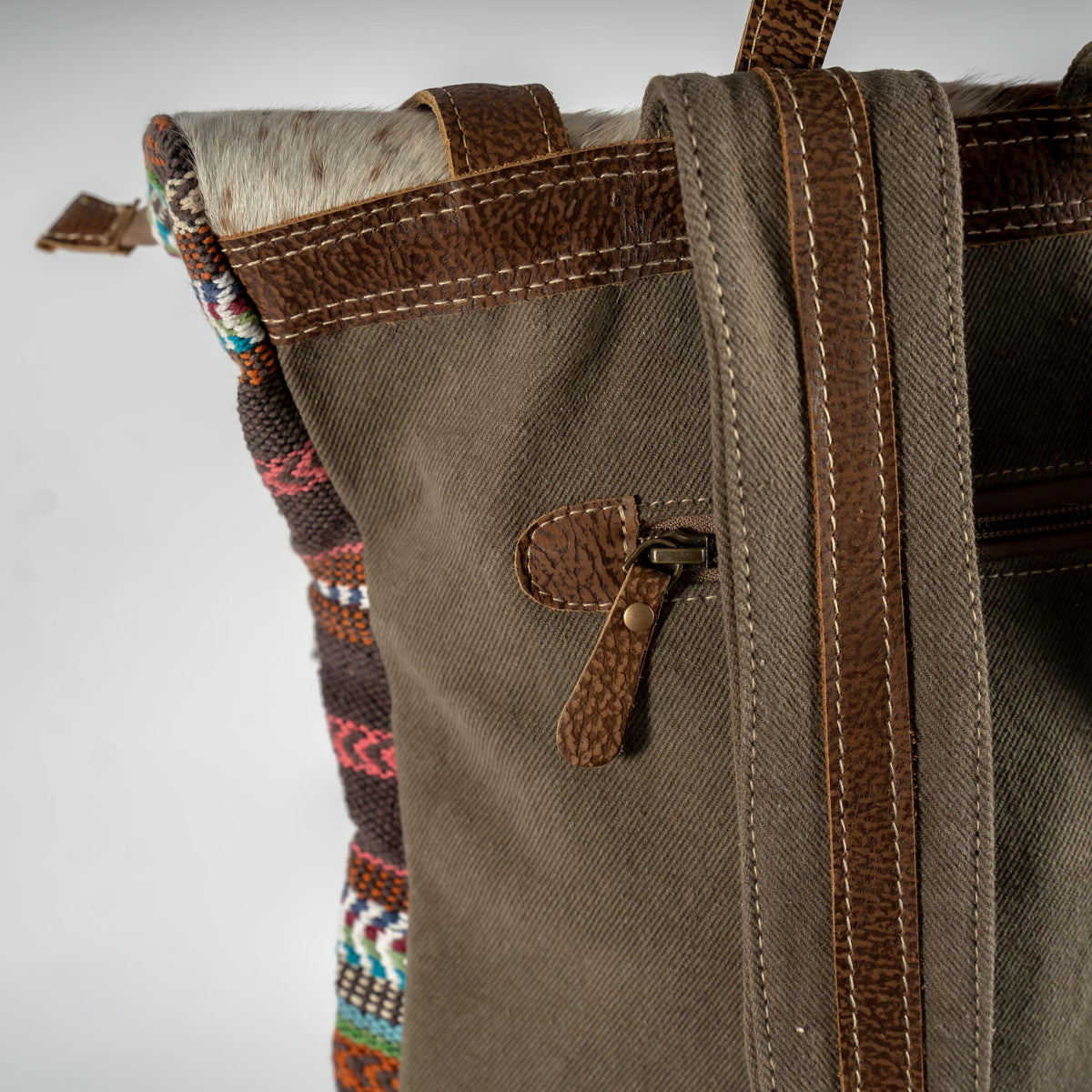 Kitschy, cow hide backpack zipper