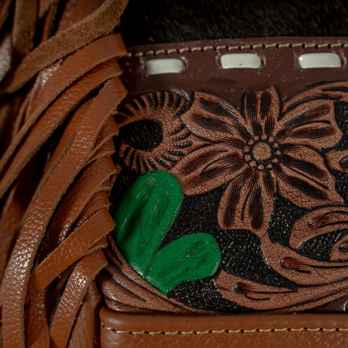 Hand-Tooled Cowhide Concealed Fringe Purse