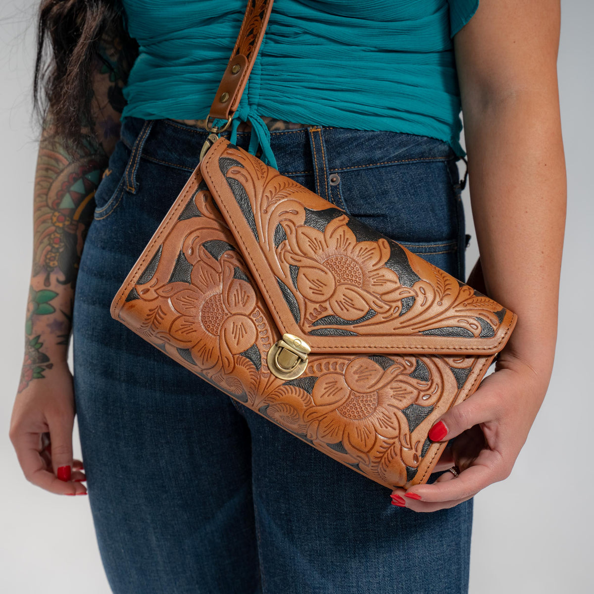 Light Brown Hand-Tooled Leather Bag