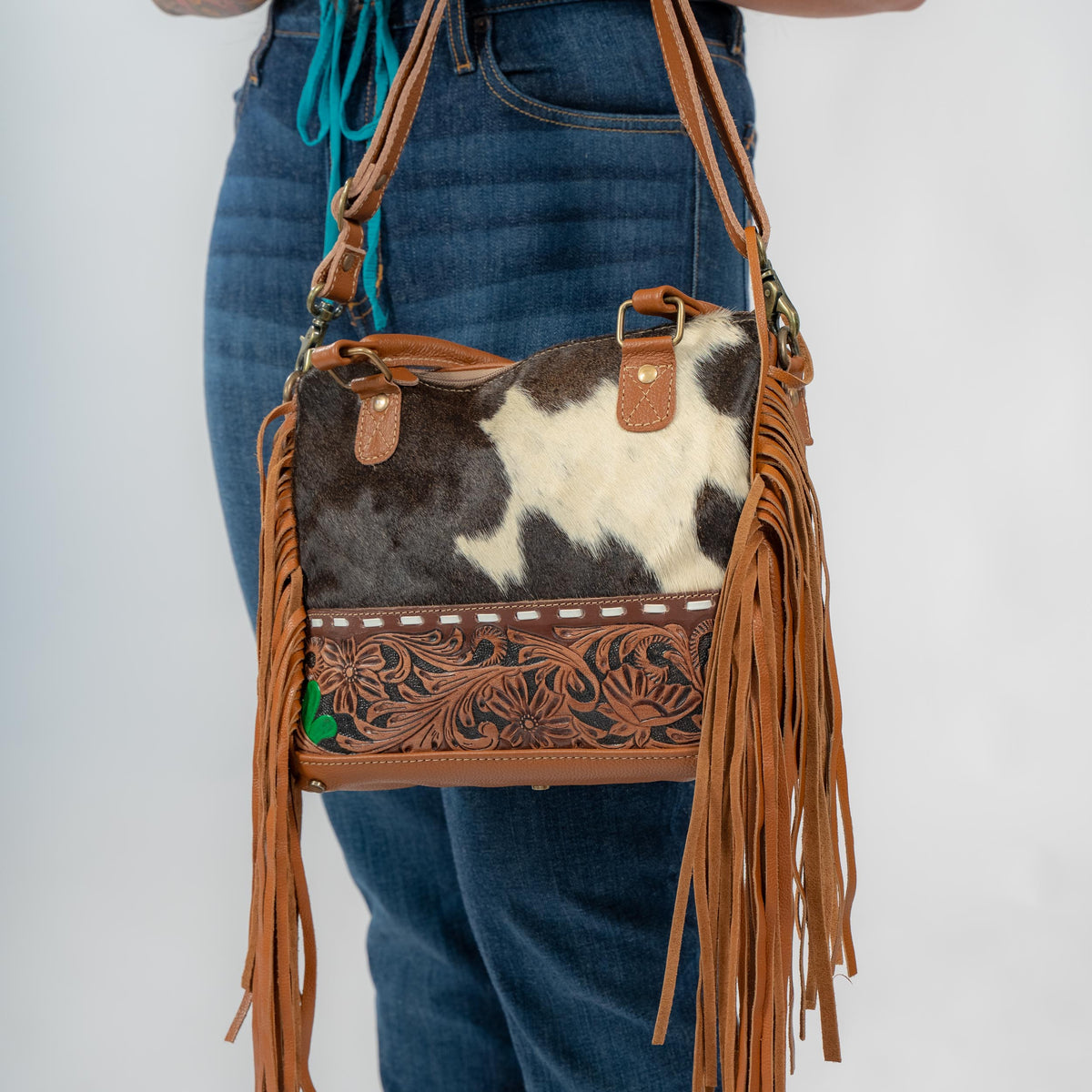 Hand-Tooled Cowhide Concealed Fringe Purse