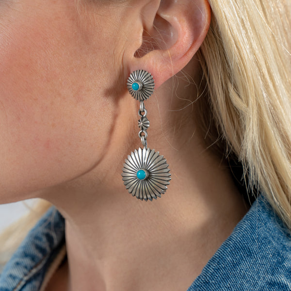 Brushed Sterling Silver and Turquoise Concho Earrings