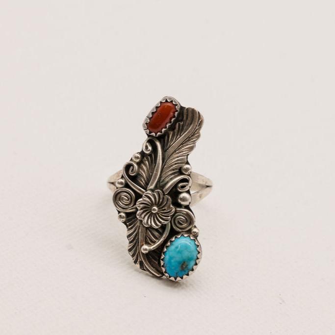 Vintage Turquoise and Red Coral Sterling Silver Ring- Size 7.5