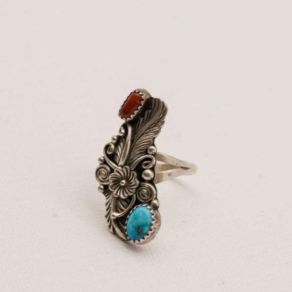 Vintage Turquoise and Red Coral Sterling Silver Ring- Size 8