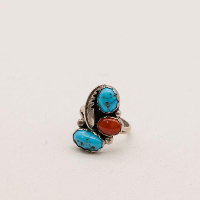 Vintage Turquoise and Red Coral Sterling Silver Ring