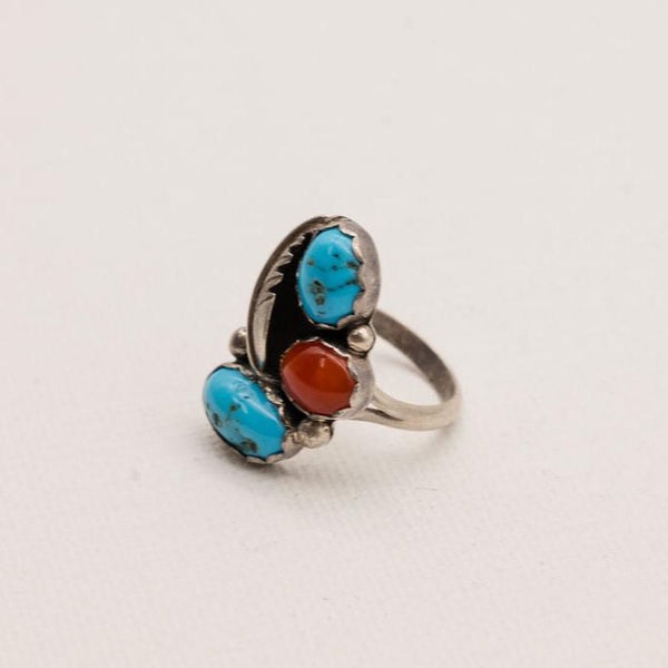 Vintage Turquoise and Red Coral Sterling Silver Ring