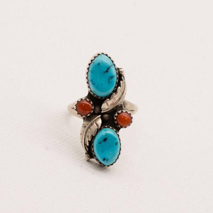 Vintage Turquoise and Red Coral Sterling Silver Ring- Size 7