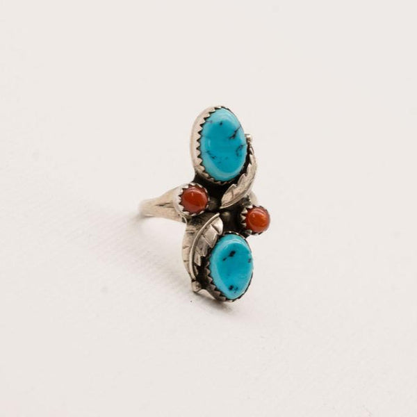 Vintage Turquoise and Red Coral Sterling Silver Ring- Size 7