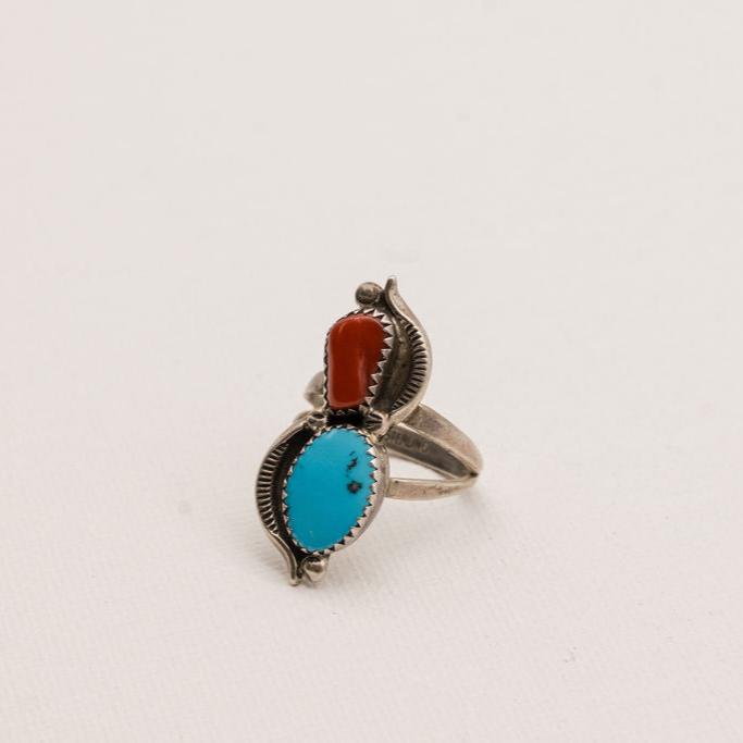 Vintage Turquoise and Red Coral Sterling Silver Ring- Size 8