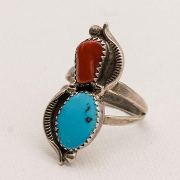 Vintage Turquoise and Red Coral Sterling Silver Ring- Size 8