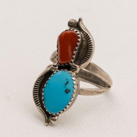 Vintage Turquoise and Red Coral Sterling Silver Ring- Size 8