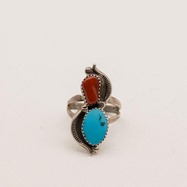 Vintage Turquoise and Red Coral Sterling Silver Ring- Size 8