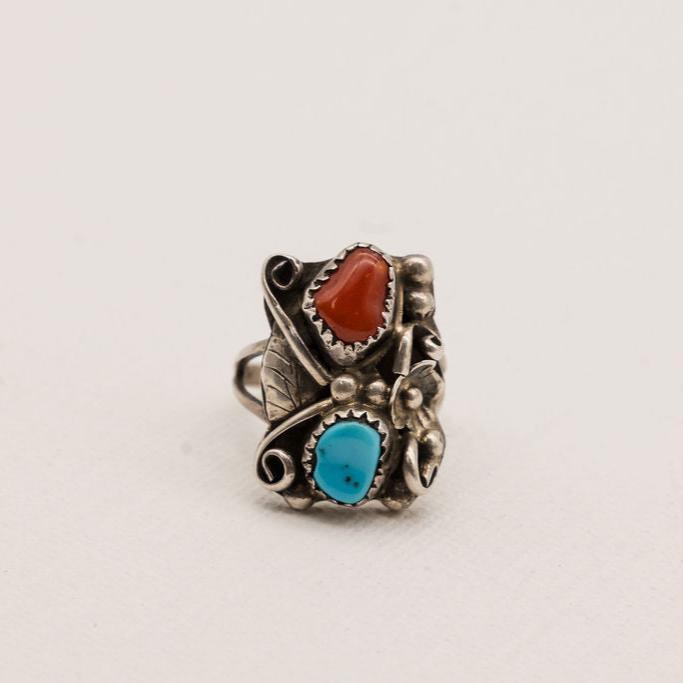 Vintage Turquoise and Red Coral Sterling Silver Ring- Size 6
