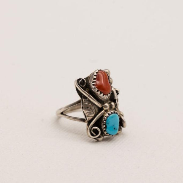 Vintage Turquoise and Red Coral Sterling Silver Ring- Size 6