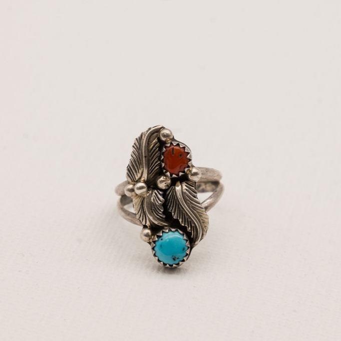 Vintage Turquoise and Red Coral Sterling Silver Ring- Size 6
