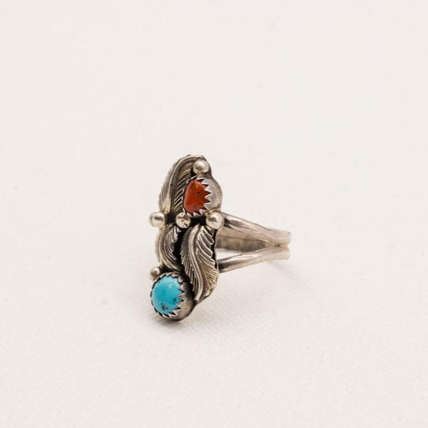 Vintage Turquoise and Red Coral Sterling Silver Ring- Size 6