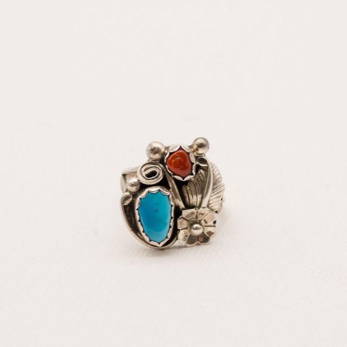 Vintage Turquoise and Red Coral Sterling Silver Ring- Size 7.5