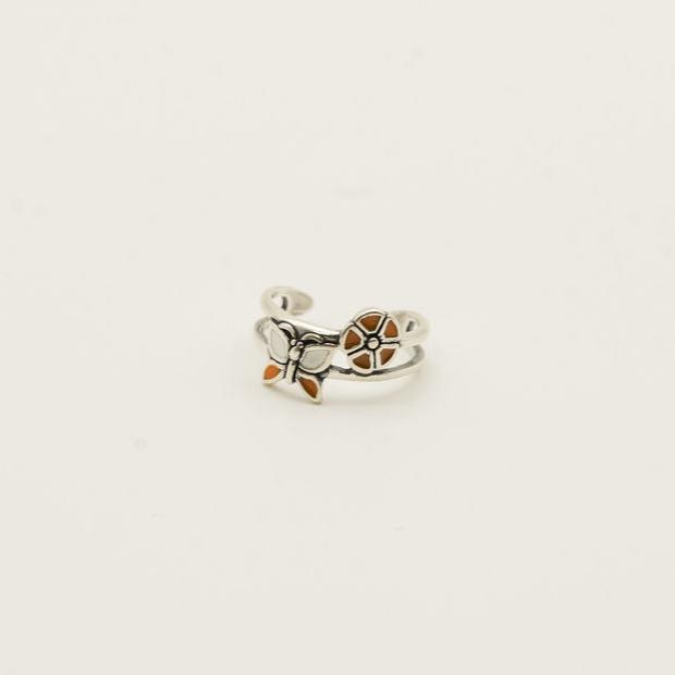 Orange Butterfly and Flower Sterling Toe Ring