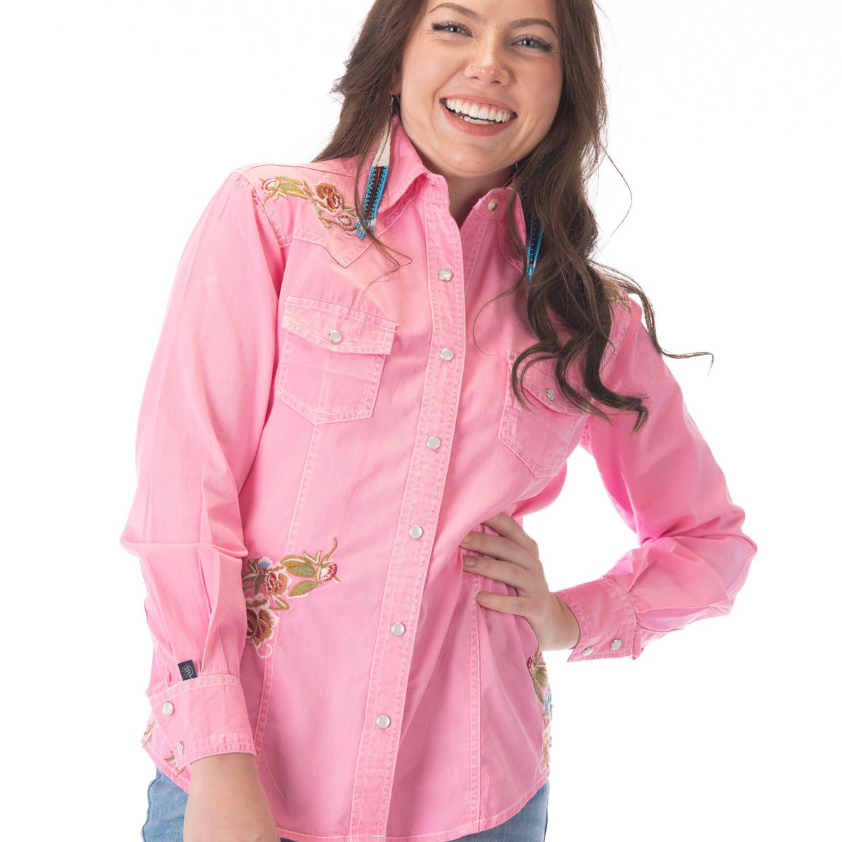 Women's Pink Denim Floral Embroidered Western Rockmount Shirt