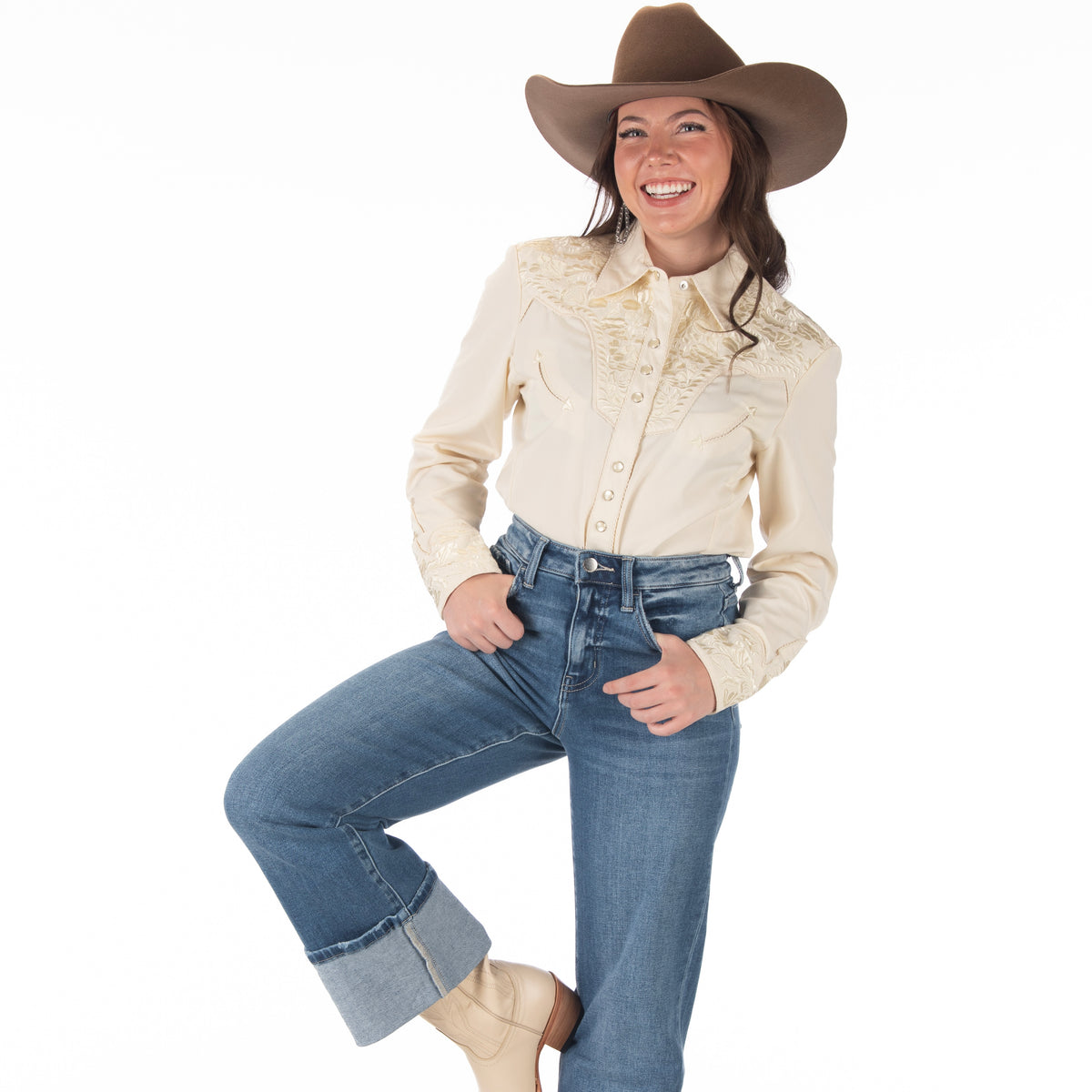 Women's Scully Ivory Floral Tooled Embroidered Shirt