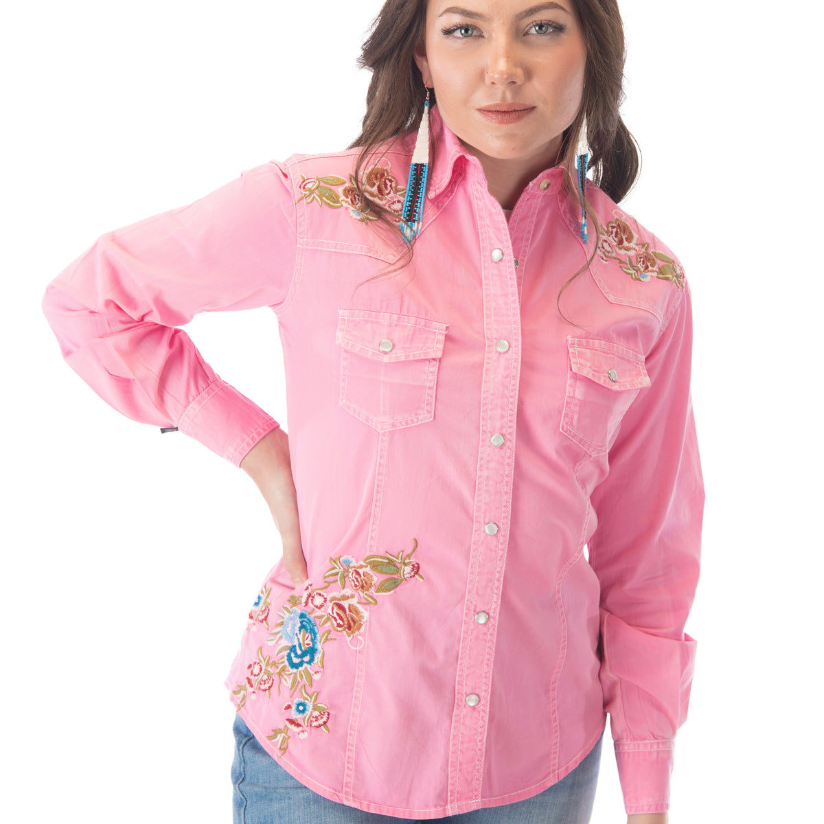 Women's Pink Denim Floral Embroidered Western Rockmount Shirt
