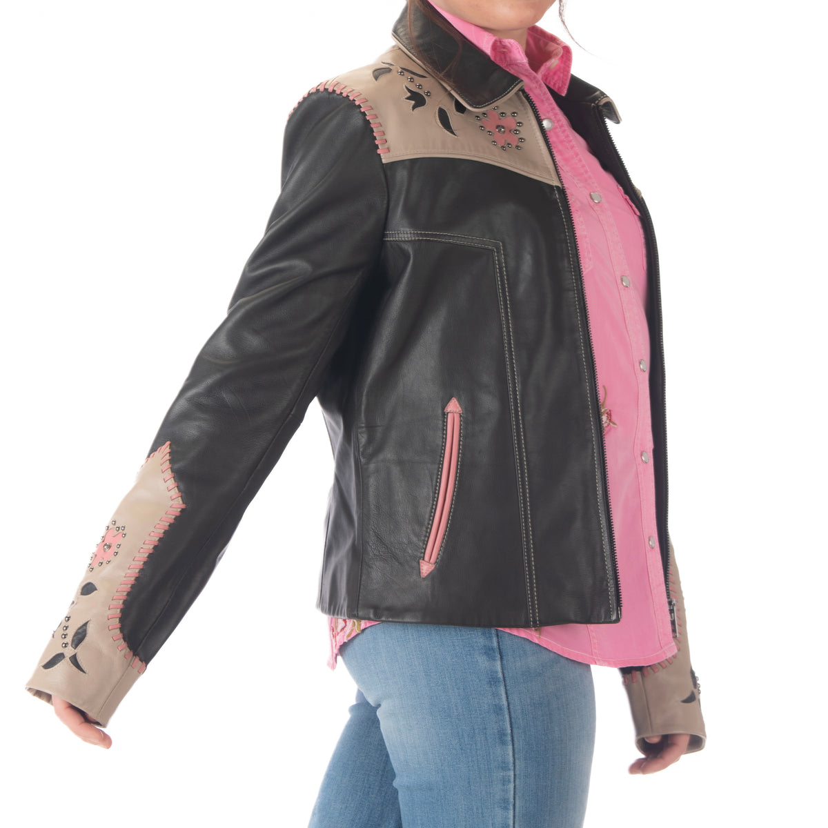 Scully Ladies Black & Tan Leather Zip Up Jacket