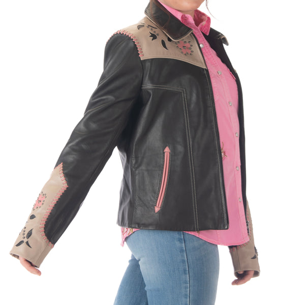 Scully Ladies Black & Tan Leather Zip Up Jacket