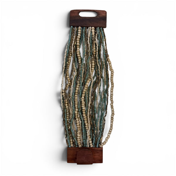 Wood Buckle Beaded Bracelet Turquoise/Cream/Gold