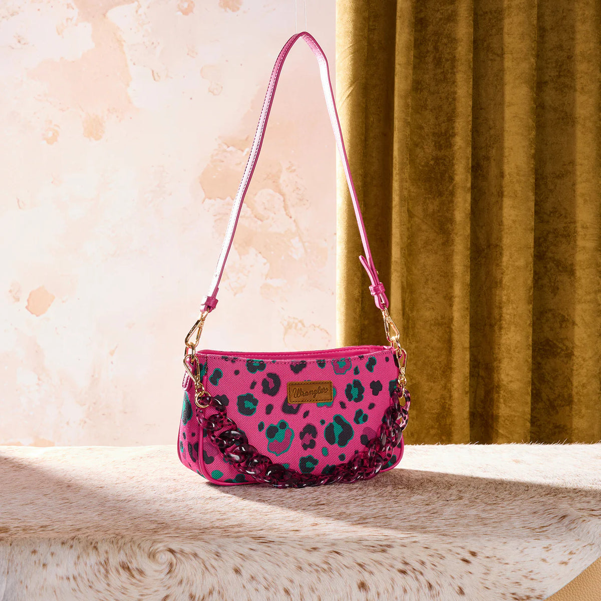 Wrangler Leopard Print Canvas Shoulder Bag with Chain Strap