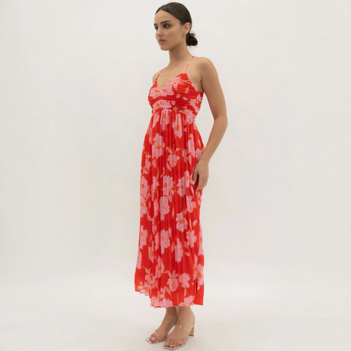 Red and Pink Pleated Strappy Midi Dress