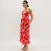 Red and Pink Pleated Strappy Midi Dress