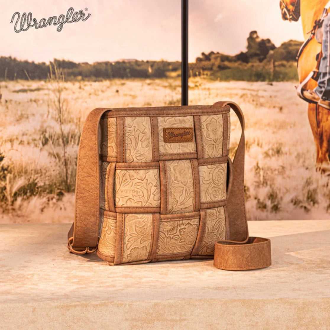 Wrangler Woven Tooled Grid Panel Crossbody Bag
