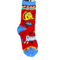 Colorful sock with cat designs on a white background
