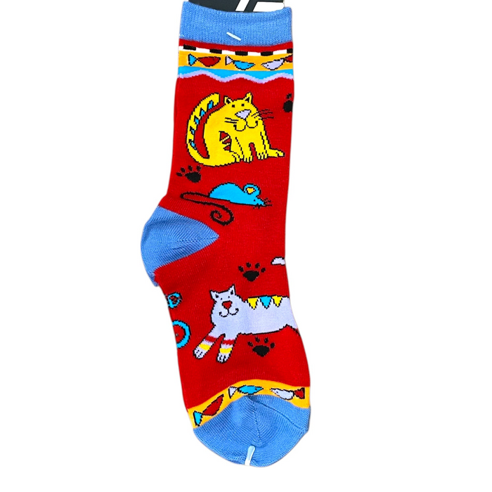 Colorful sock with cat designs on a white background