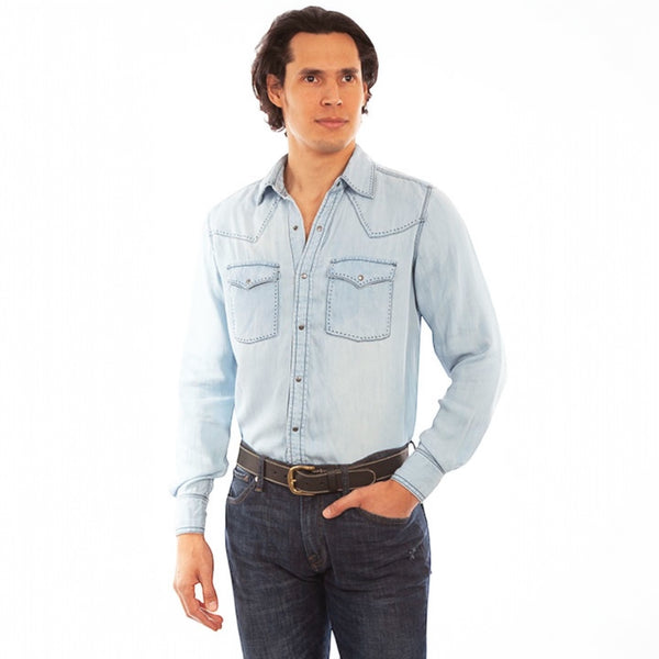 This easy-fit lightweight shirt is great for those warmer summer days. It features single point yokes front and back with pick stitch trim. This shirt is a snap front and cuff closure and has two chest flap pockets with snap closures. A dark blue pick stitch runs throughout. Machine wash in cold water with like colors and tumble dry low and promptly remove.
